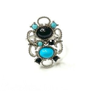 Vintage Caroline Emmons Aztec Lace Blue and Black Cabochons Silver Tone Ring